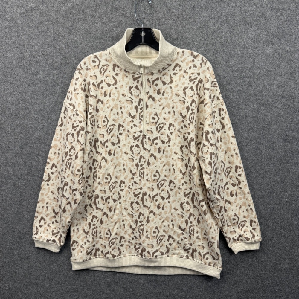Aerie Womens Leopard Print Quarter Zip Sweatshirt Cream Tan XS 2219-062 NEW